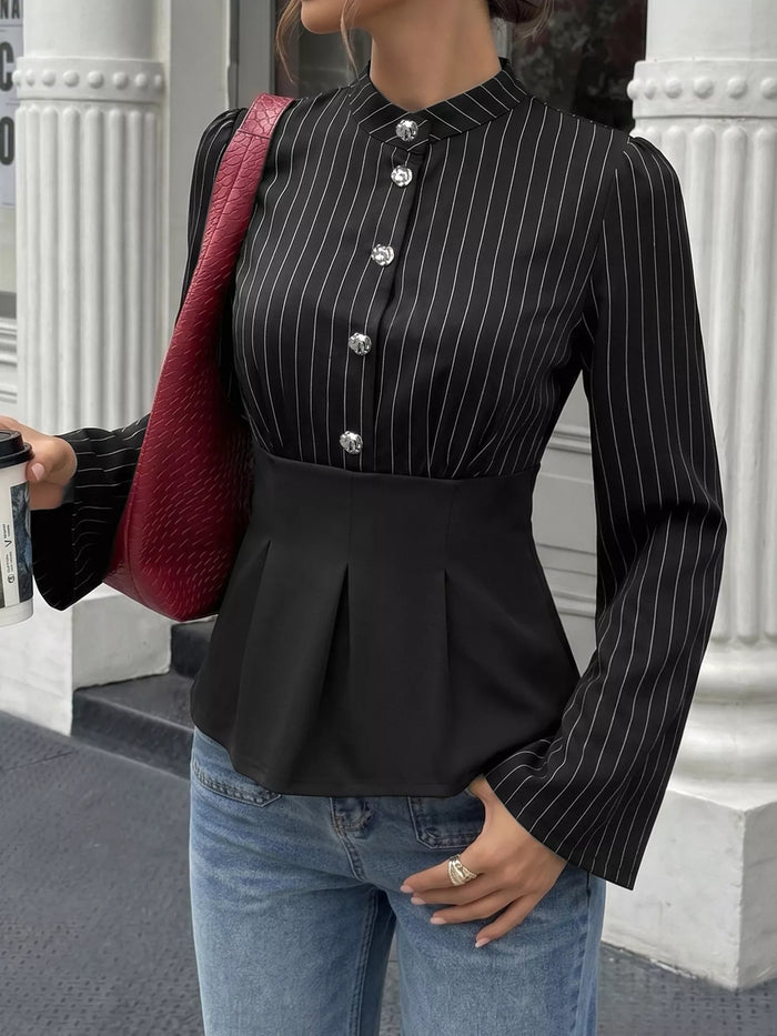 Striped Long Sleeve Peplum Blouse in Black