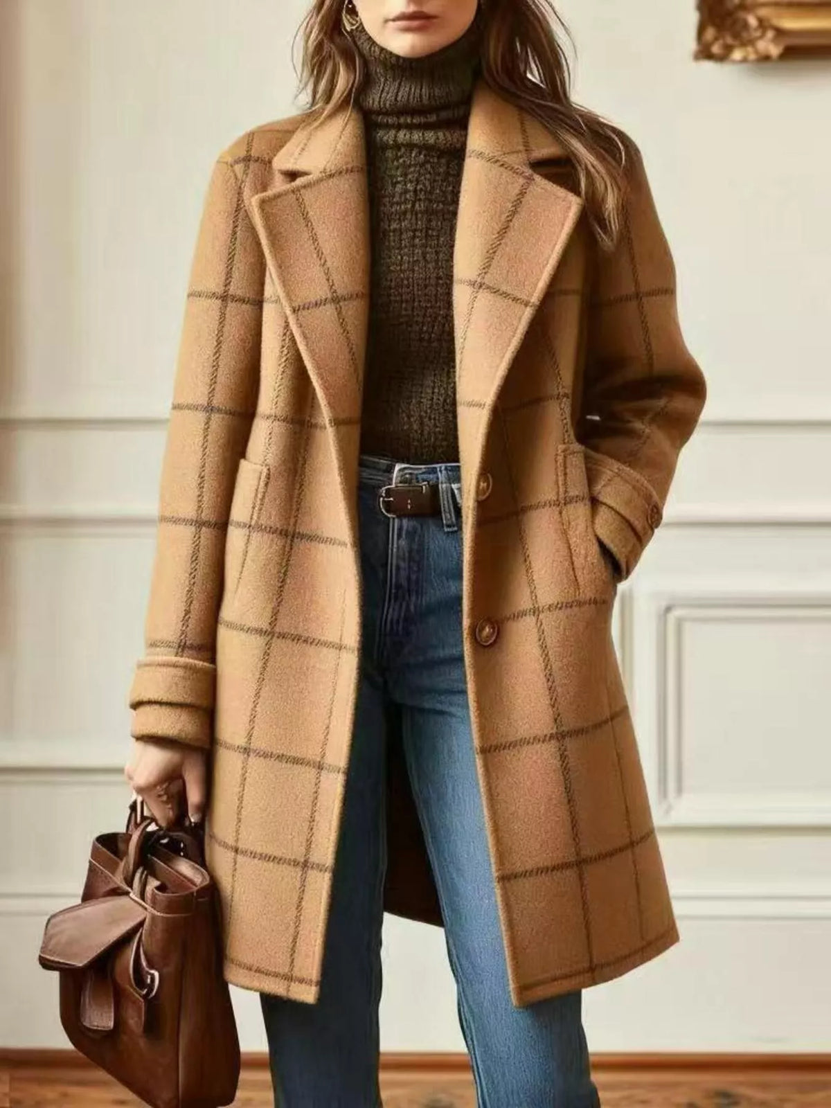 Full Size Plaid Lapel Collar Longline Single-Breasted Overcoat Plus Size - Lilixa.store