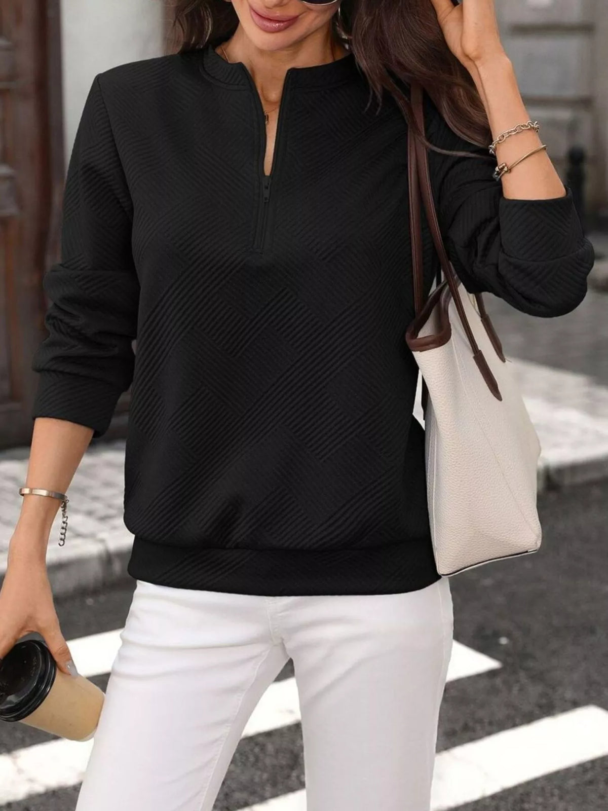 Textured Quarter-Zip Sweatshirt - Lilixa.store
