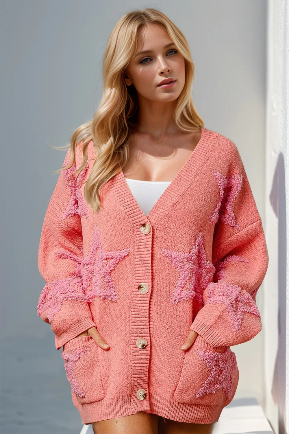 Double Take Full Size Button Up Star Pattern Cardigan in Coral