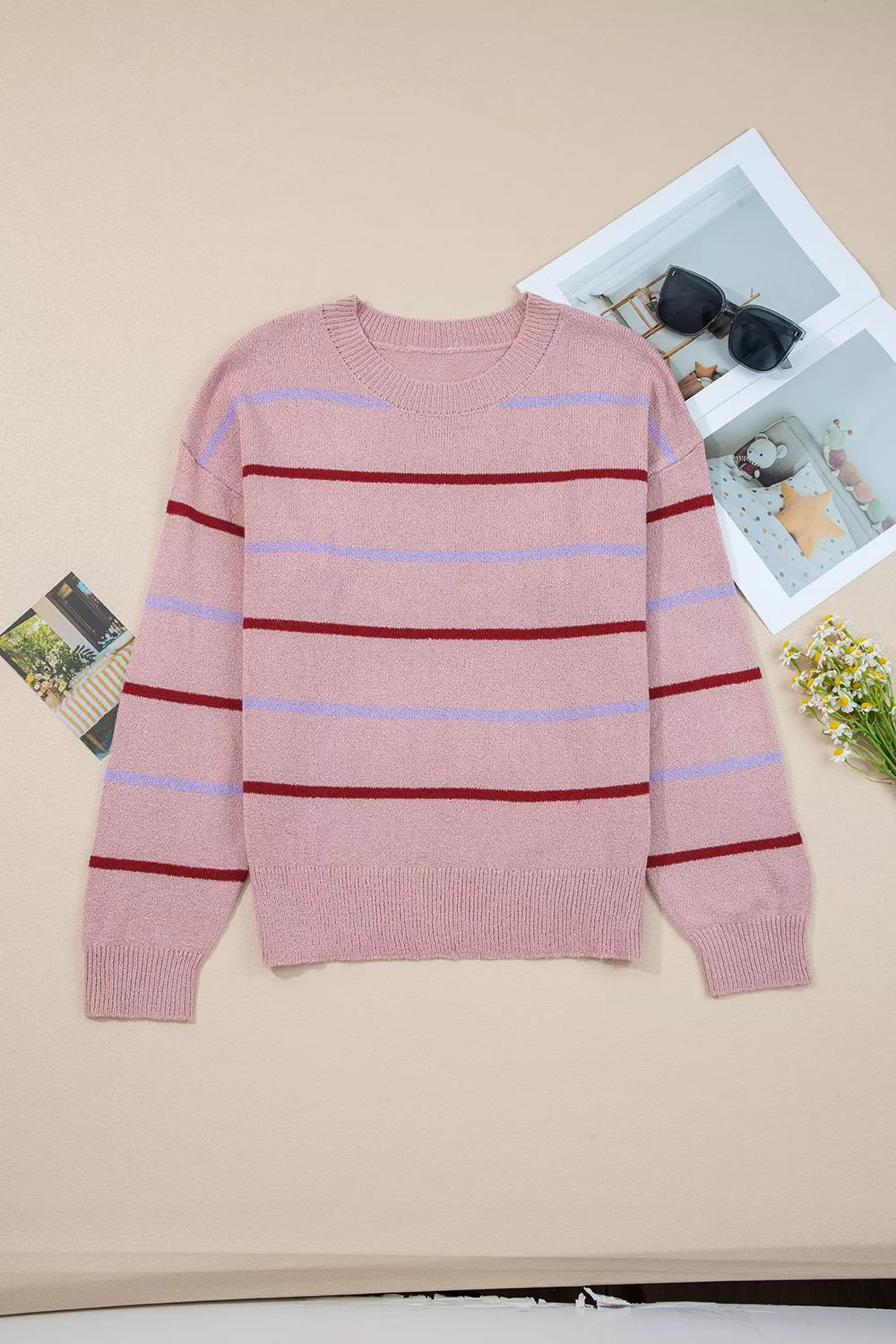 Striped Drop Shoulder Long Sleeve Sweater - Lilixa.store