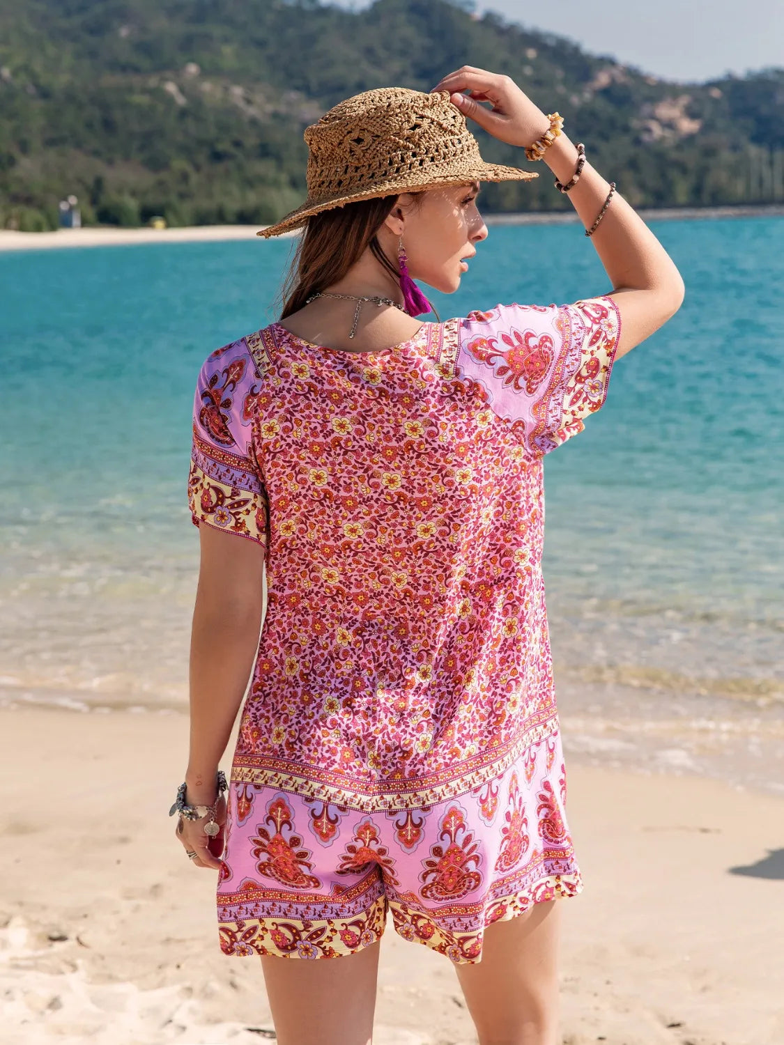 Printed V-Neck Short Sleeve Romper - Lilixa.store