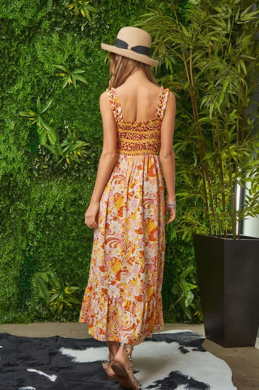 Davi & Dani Multi Smocked Bodice Geo Ruffle Strappy Midi Dress - Lilixa.store