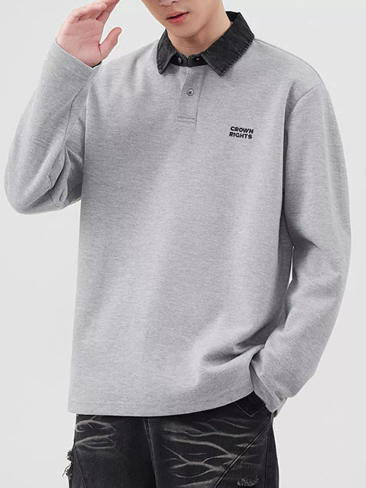 Men's Plus Size Collared Neck Long Sleeve Polo in Gray, view 2