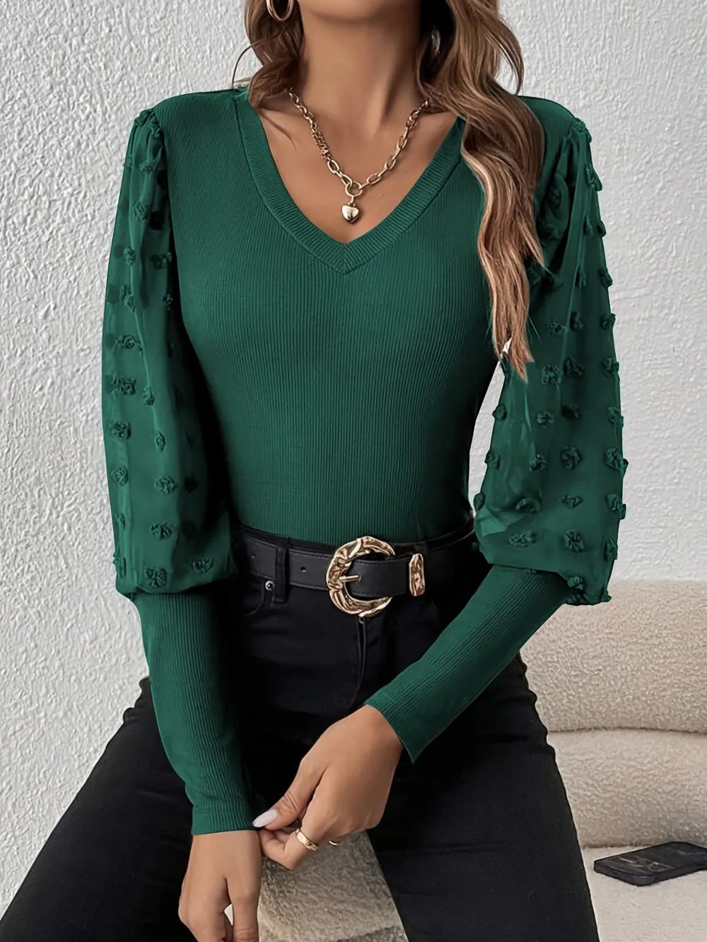 Swiss Dot V-Neck Long Sleeve Top - Lilixa.store