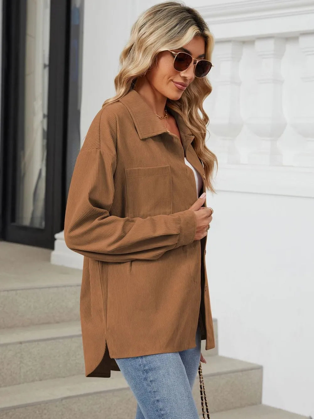 Button Up Dropped Shoulder Long Sleeve Outerwear - Lilixa.store