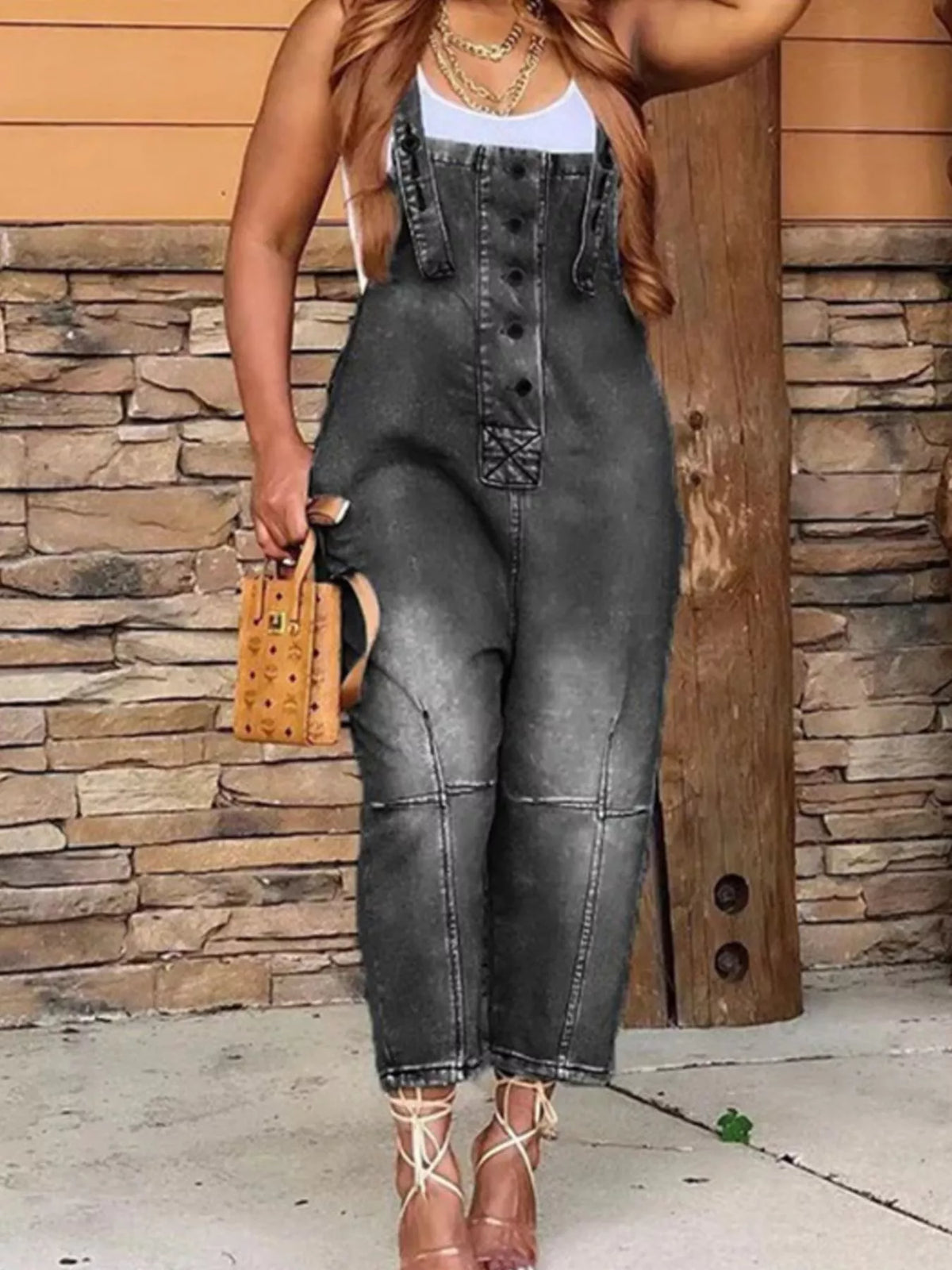 Full Size Button Front Denim Overalls with Pockets Plus Size - Lilixa.store