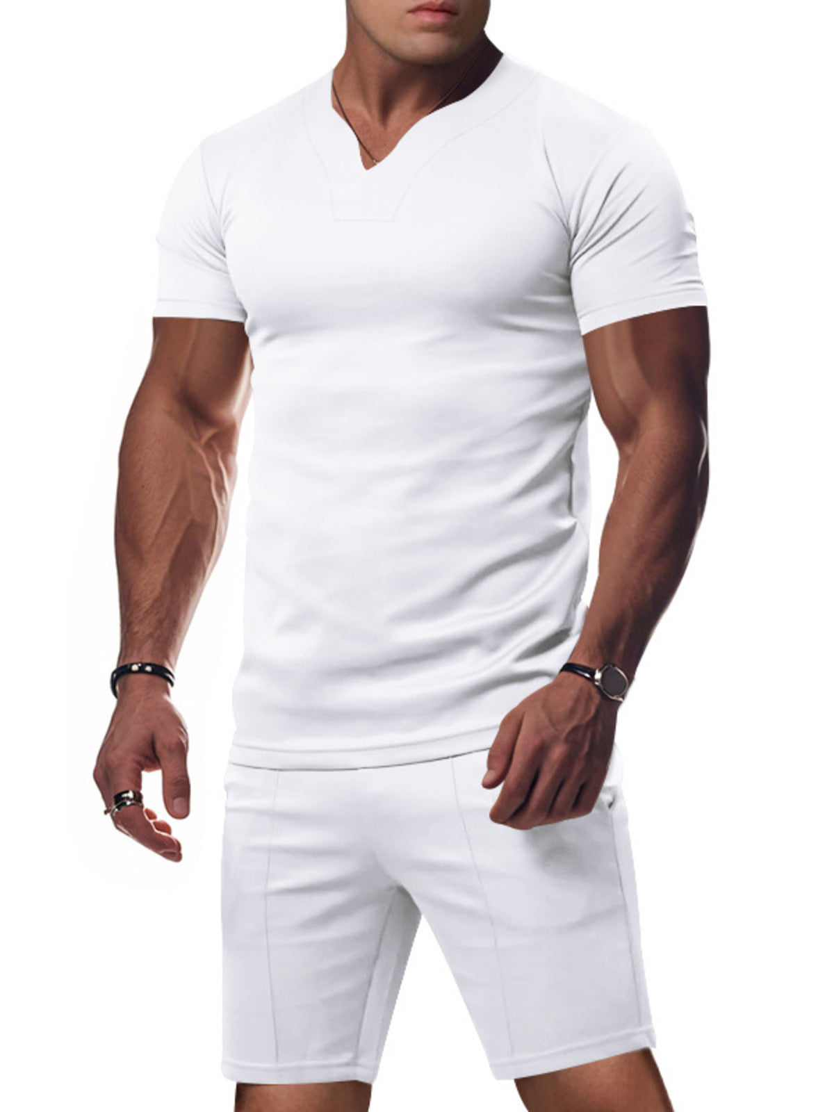 Men's Full Size V-Neck Short Sleeve T-Shirt and Shorts Set Plus Size - Lilixa.store