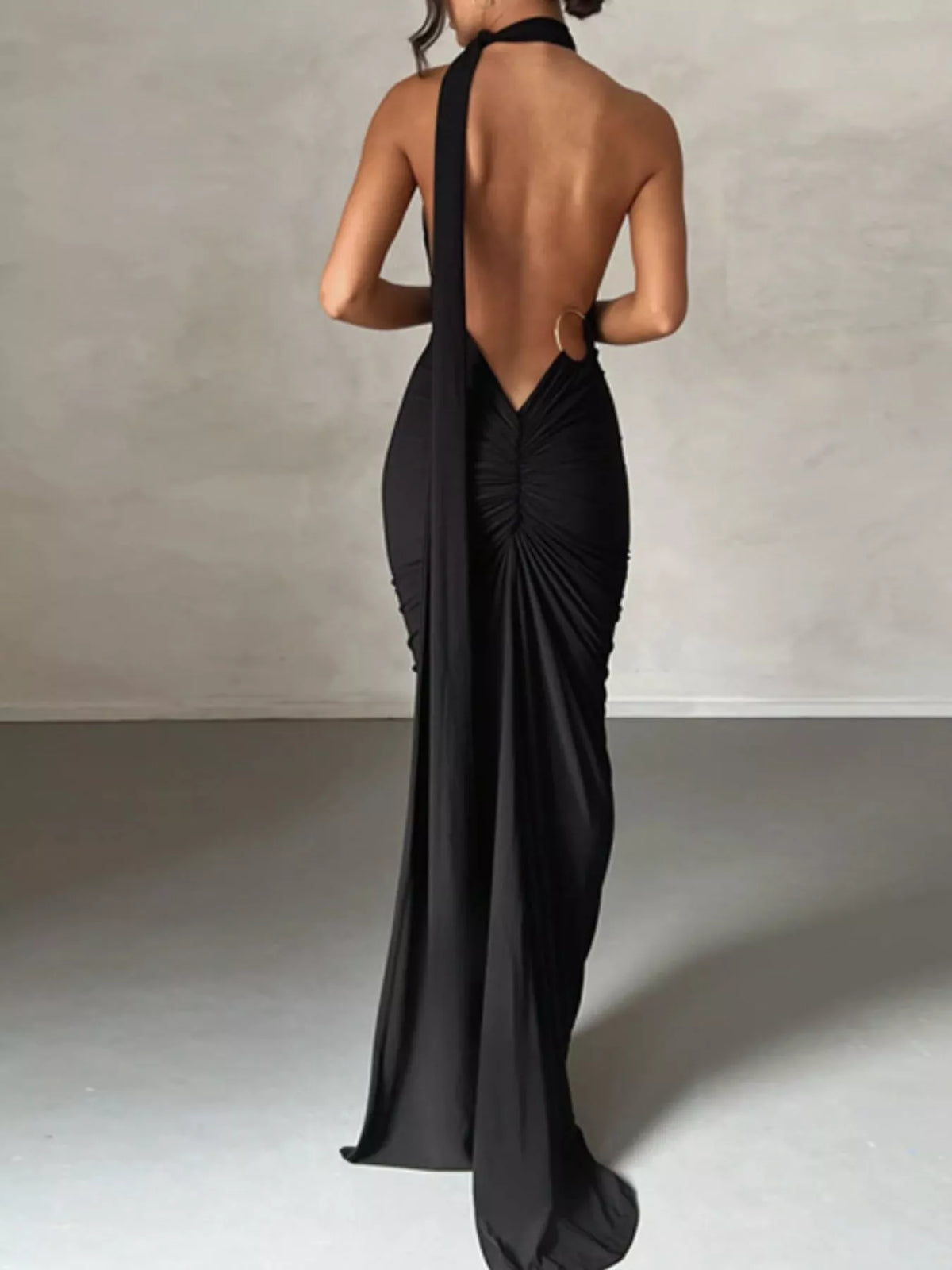 Backless One-Shoulder Ruched Bodycon Maxi Dress - Lilixa.store