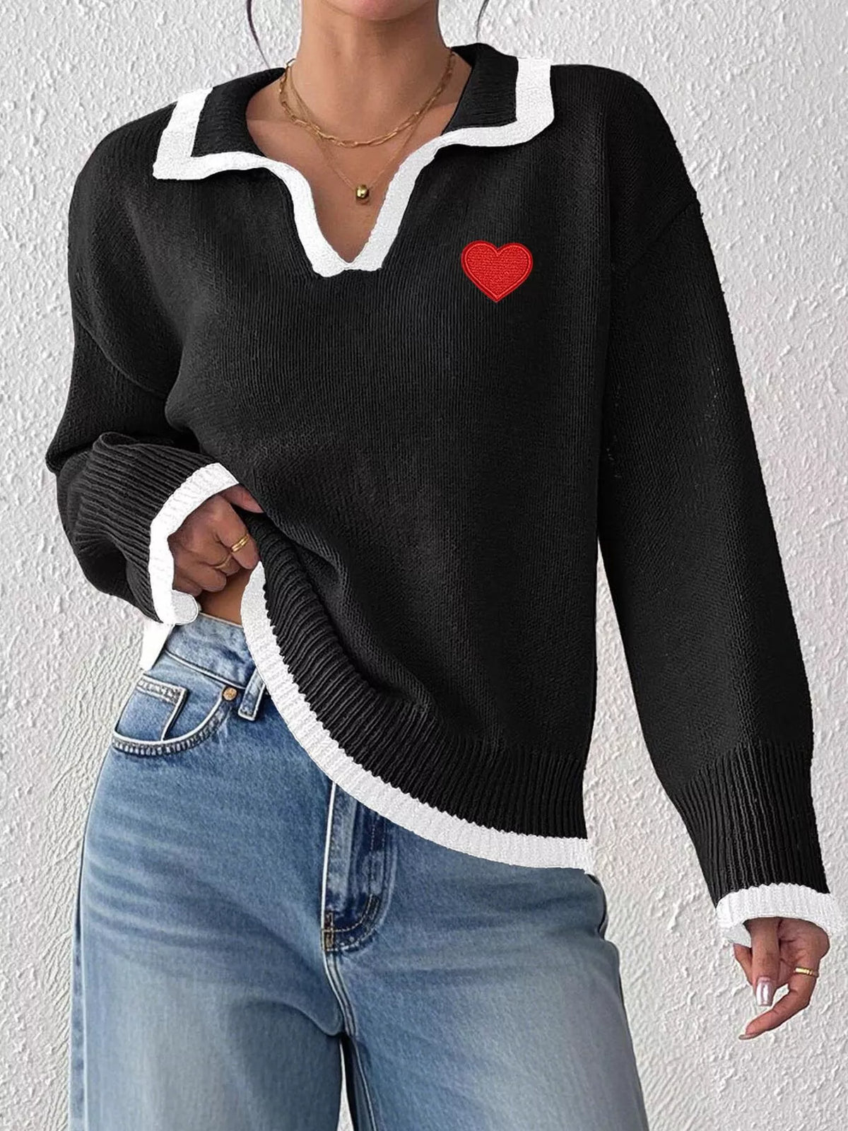 Contrast Trim Heart Embroidered Polo Collar Sweater, view 5