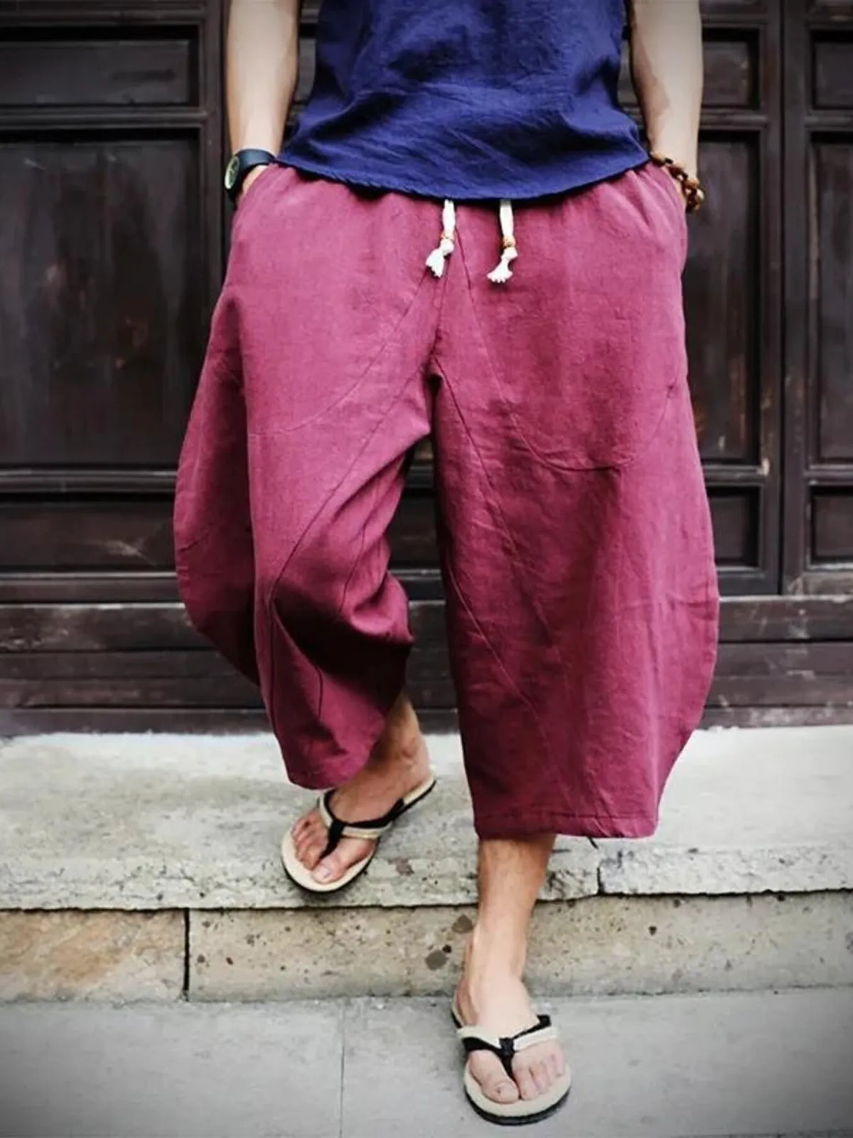 Men's Plus Size Loose Fit Cropped Pants in Wine Red
