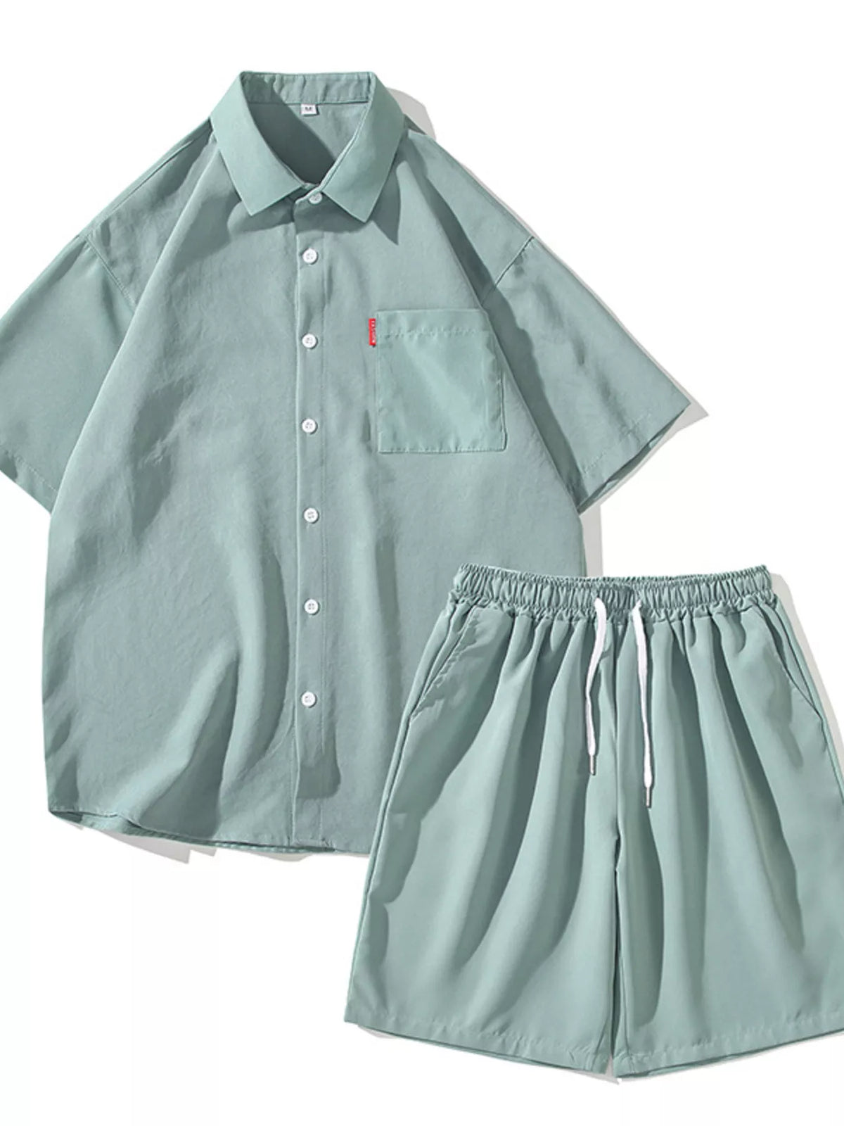 Men's Plus Size Casual Solid Color Shirt & Shorts Set in Sage