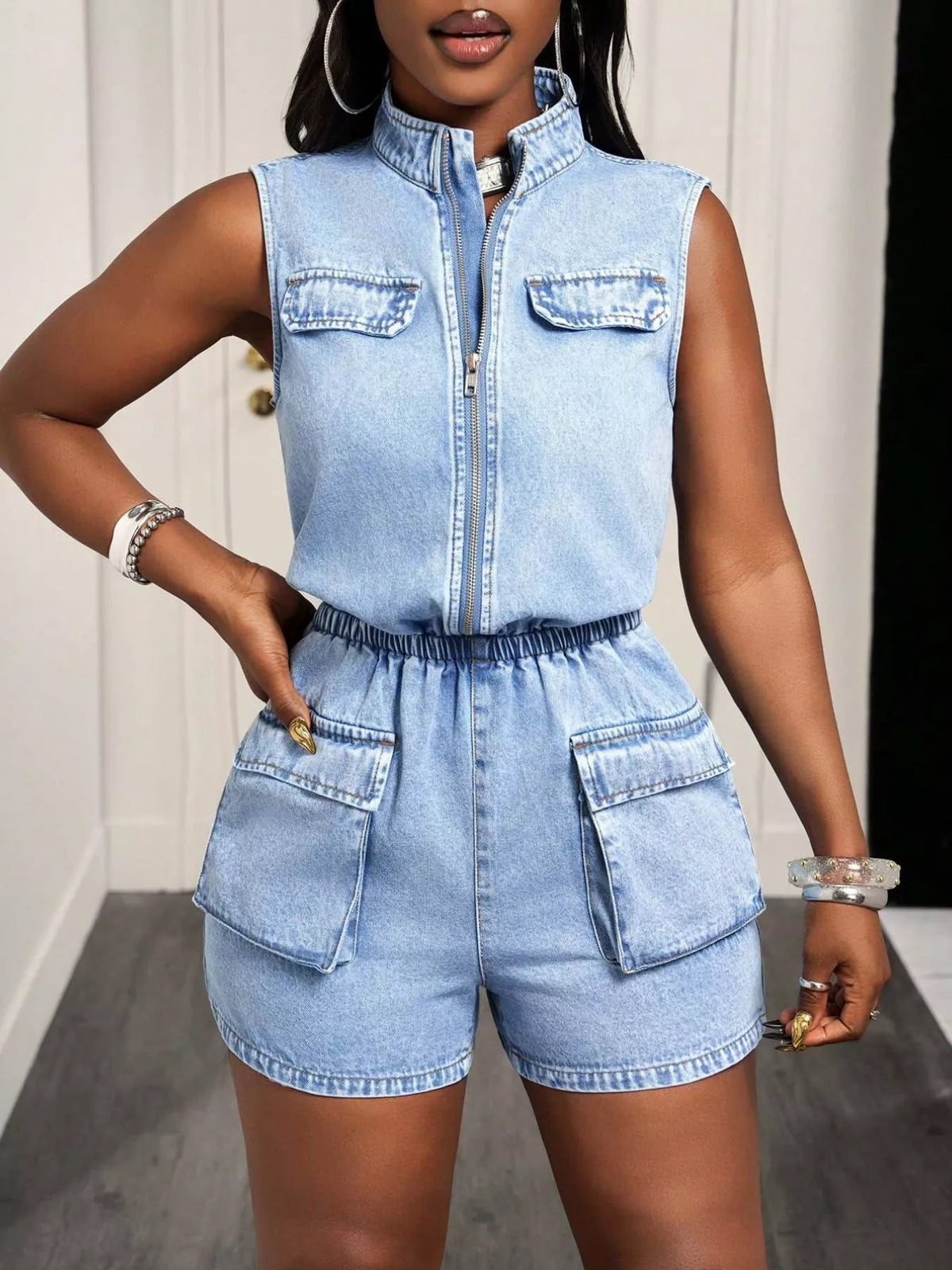 Sleeveless Zip-Front Denim Romper