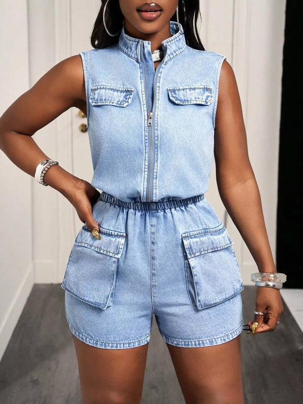 Sleeveless Zip-Front Denim Romper - Lilixa.store