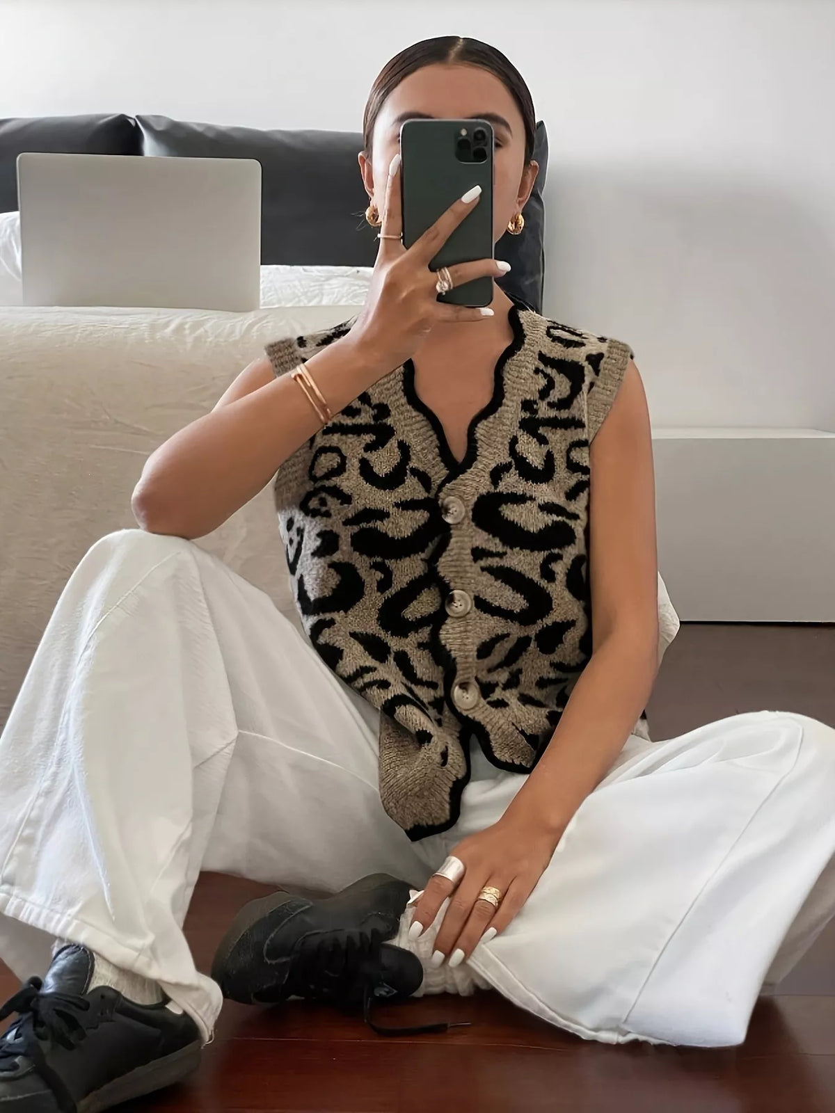 Plus Size Leopard Scalloped Edge Button-Down Sweater Vest