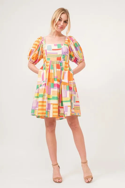 And The Why Square Neck Puff Sleeve Geo Printed Mini Dress - Lilixa.store