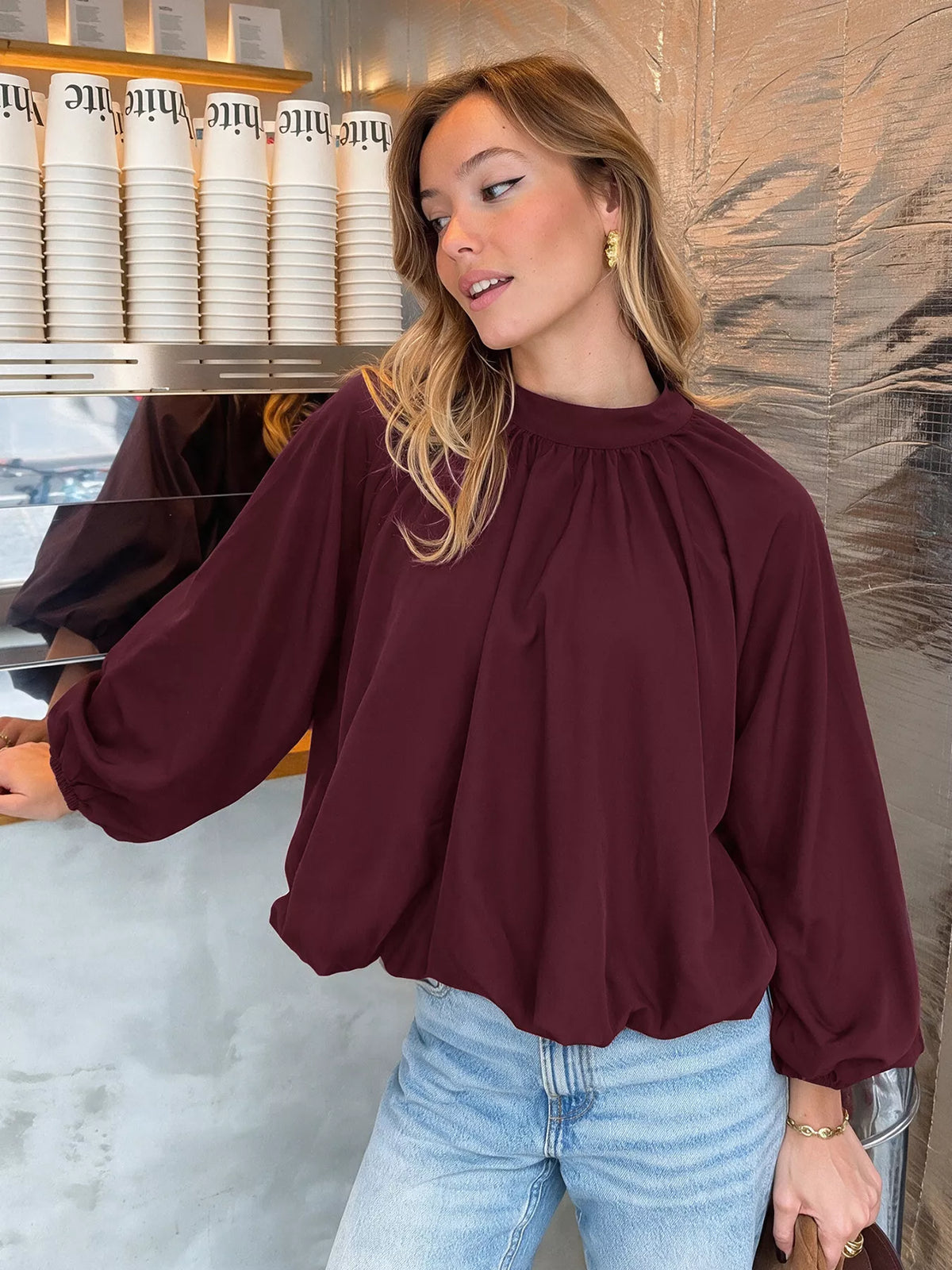 Tie Back Balloon Sleeve Blouse in Fuchsia Pink, view 5
