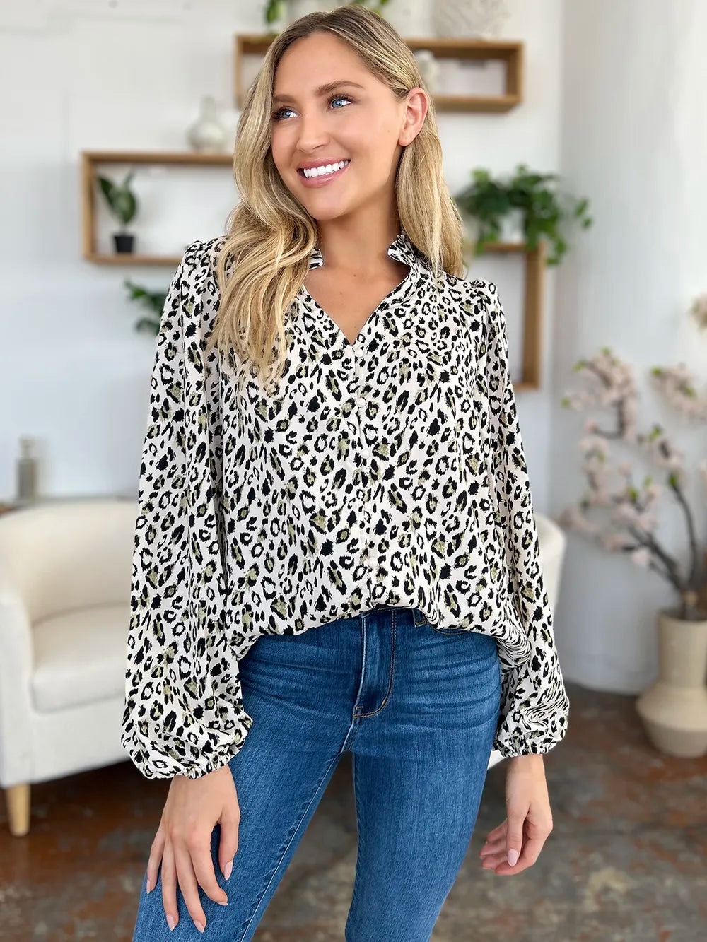 Double Take Full Size Leopard Long Sleeve Blouse - Lilixa.store