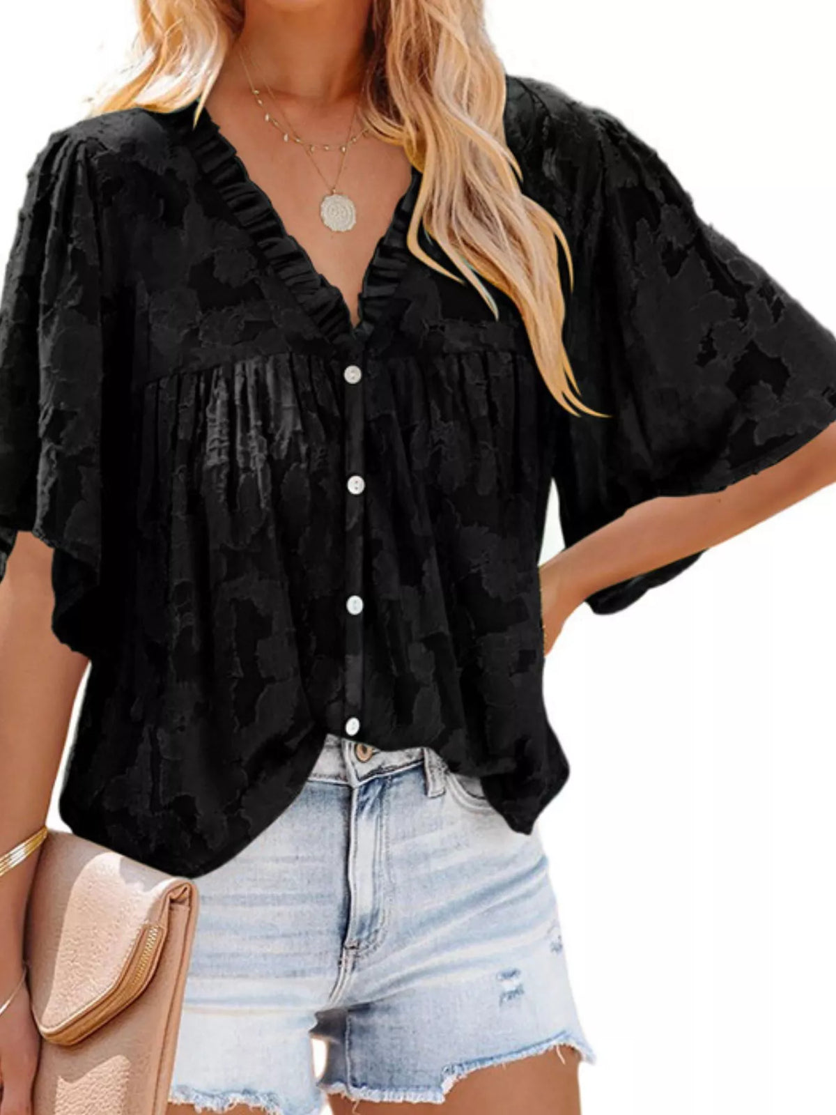 Full Size Textured V-Neck Button-Down Shirt Plus Size - Lilixa.store