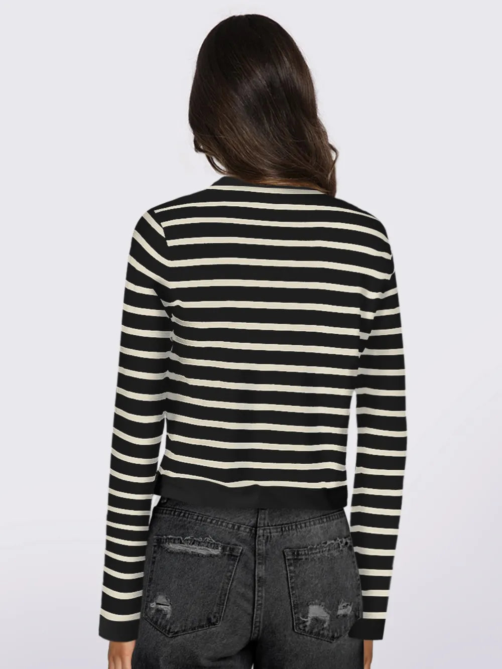 Striped Round Neck Button Up Long Sleeve Cardigan - Lilixa.store