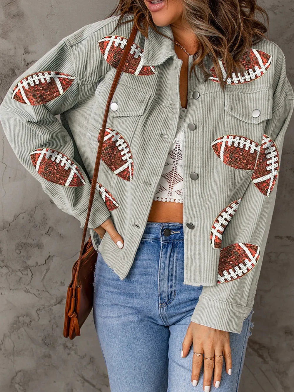 Football Sequin Button Up Dropped Shoulder Jacket in Sage