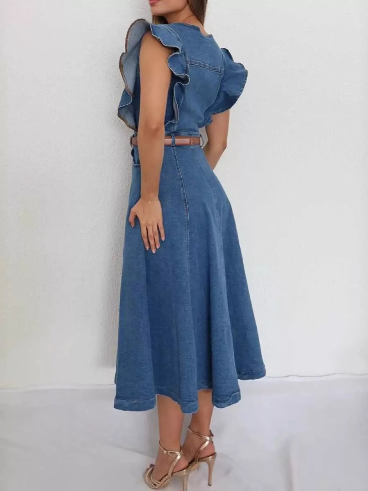 Ruffled Button Front Denim Dress - Lilixa.store