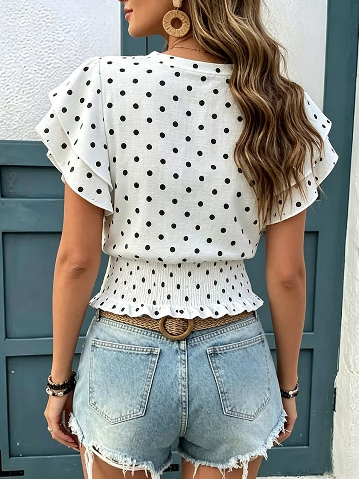 Polka Dot Ruffle Sleeve Blouse - Lilixa.store