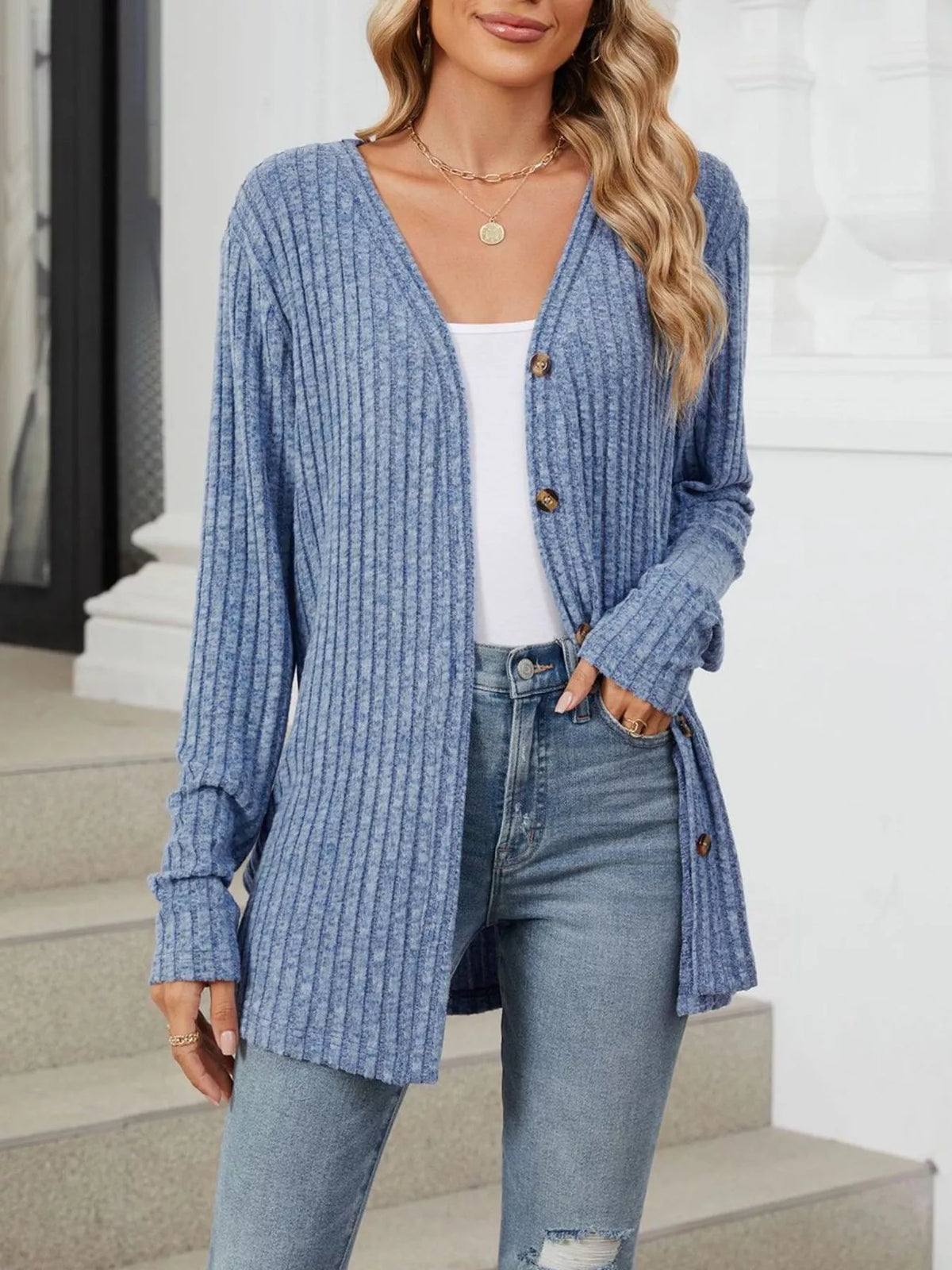 Ribbed Button-Up Cardigan - Lilixa.store