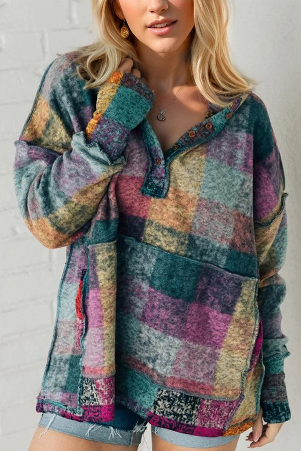 Double Take Full Size Half Button Thumbhole Long Sleeve Fleece Hoodie in Multicolored