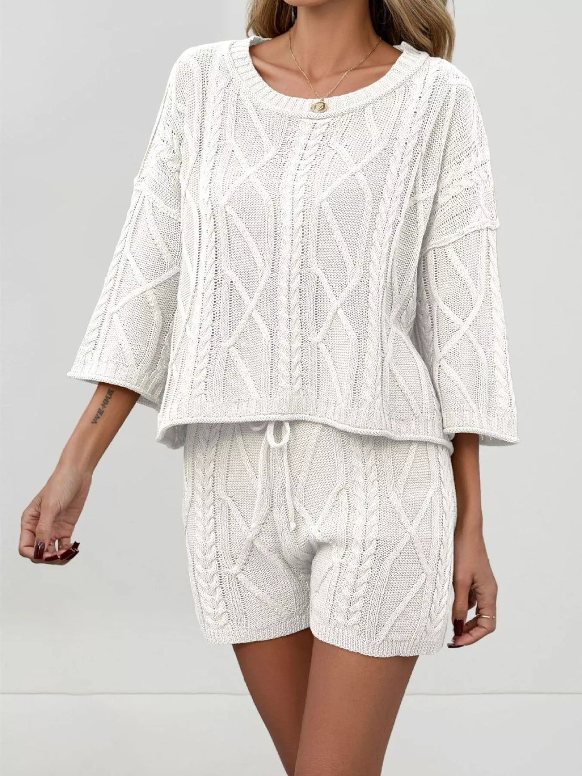 Cable Knit 3/4 Sleeve Sweater and Shorts Set in White