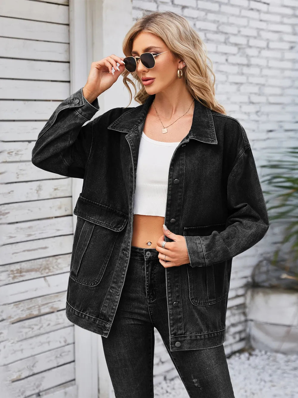 Button Up Long Sleeve Denim Jacket - Lilixa.store