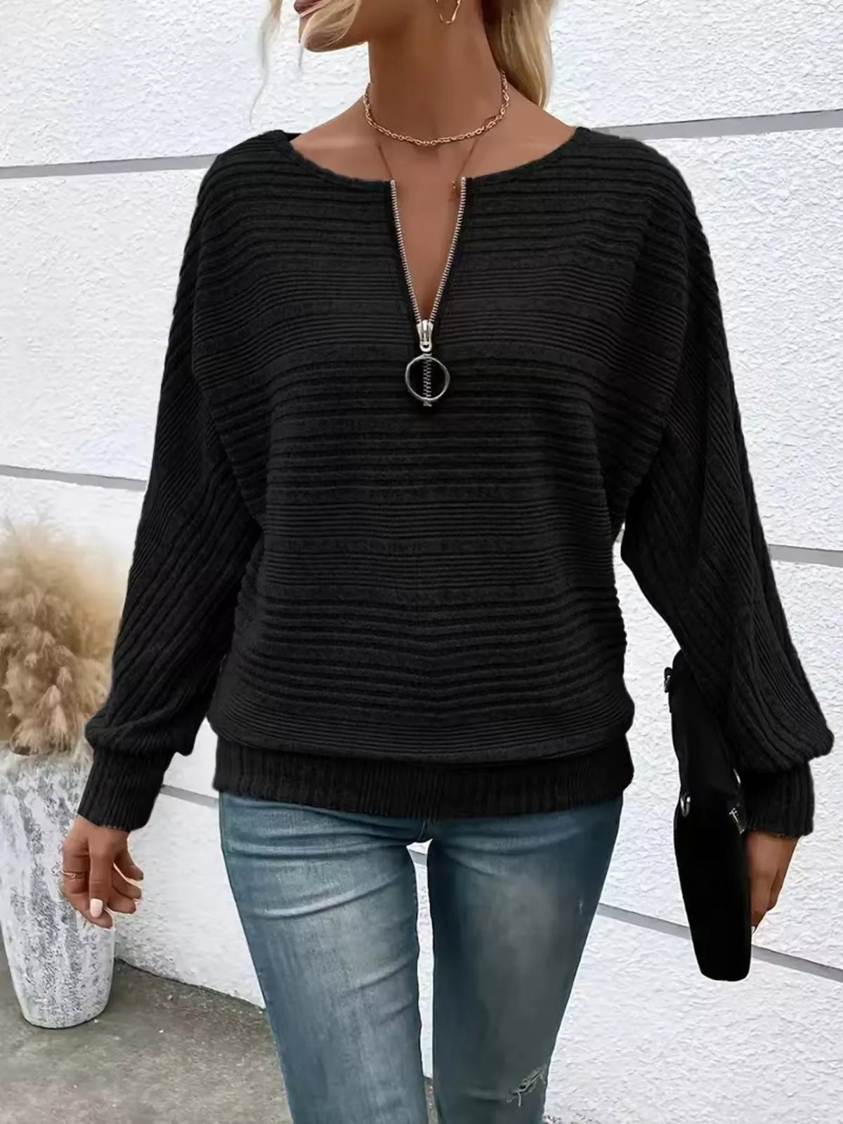 Ribbed Knit Quarter Zip Sweatshirt - Lilixa.store