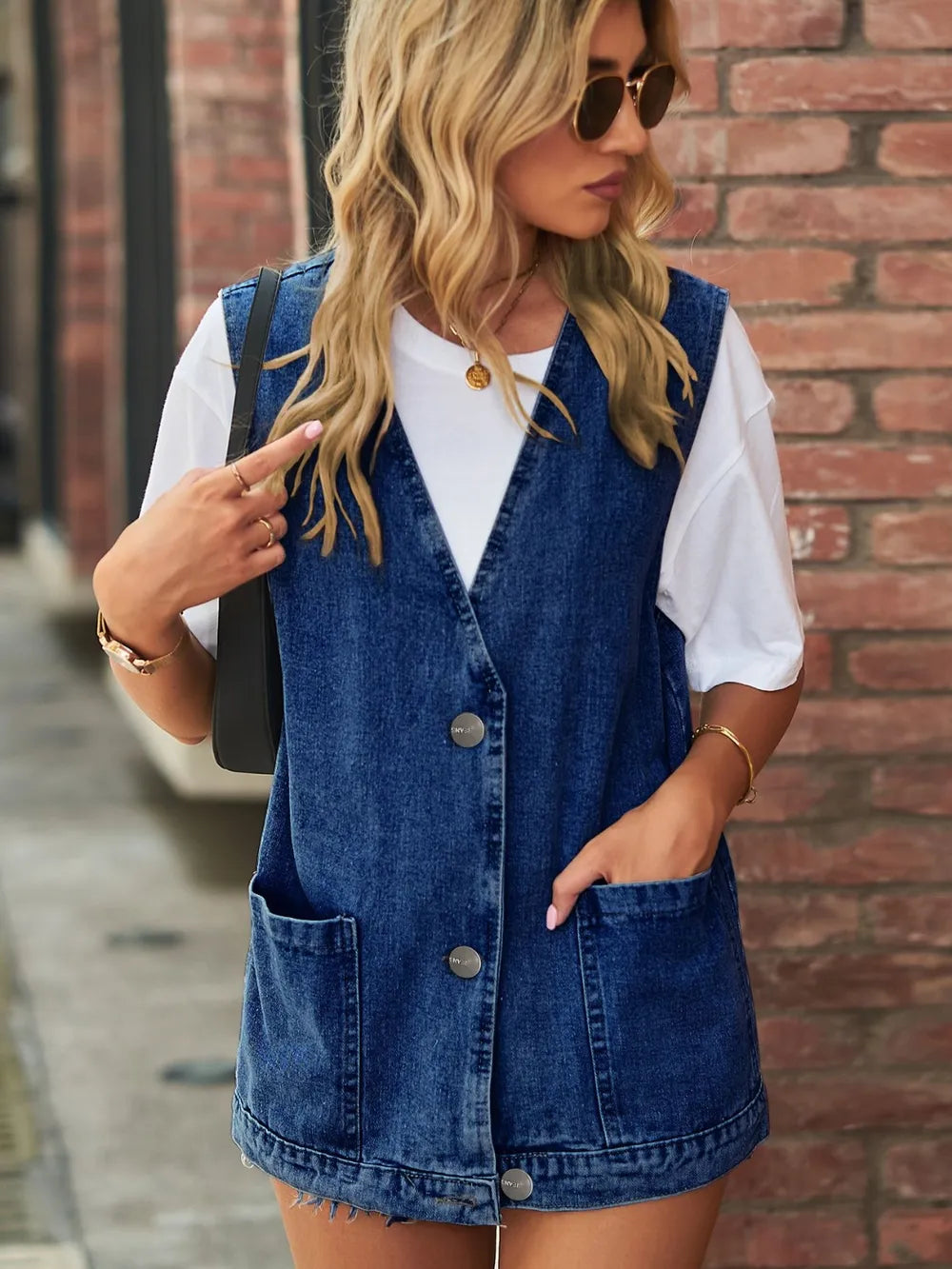 Full Size V-Neck Button Up Denim Vest - Lilixa.store