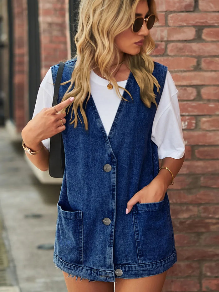Full Size V-Neck Button Up Denim Vest - Lilixa.store
