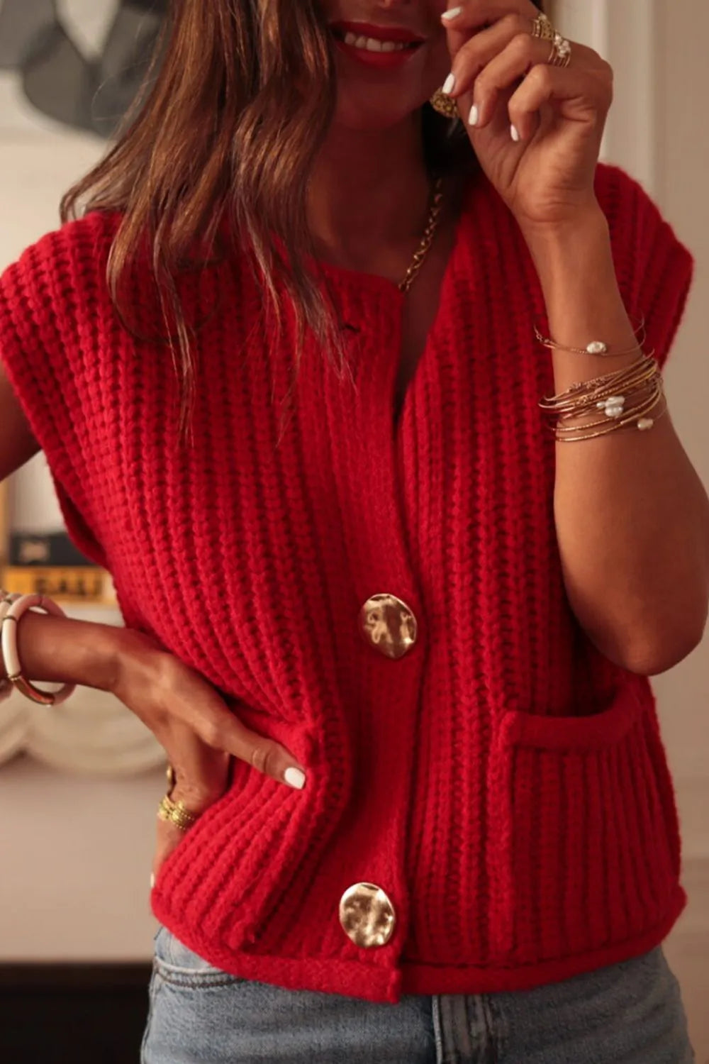 Button Down Sweater Vest with Pockets in Deep Red