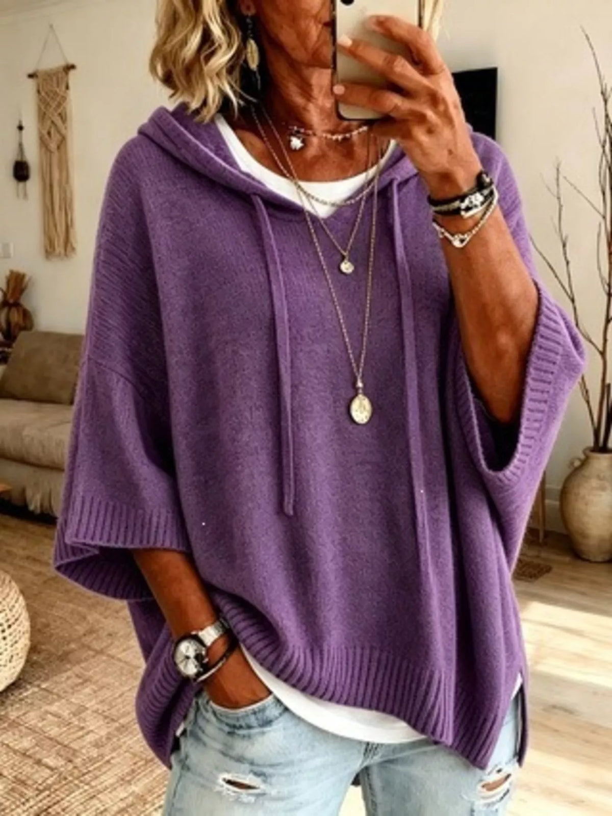 Casual Loose Fit Hooded Knit Sweater with Ribbed Hem in Purple