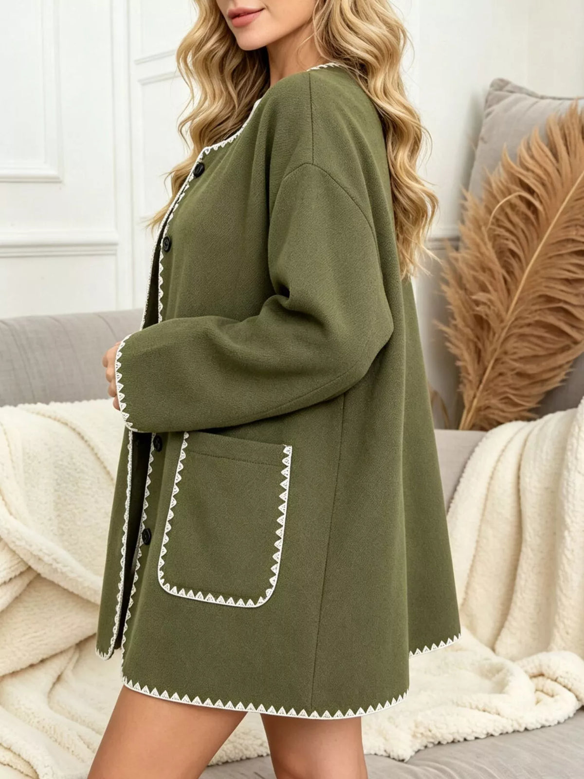 Contrast Trim Button-Front Outerwear in Army Green, view 2