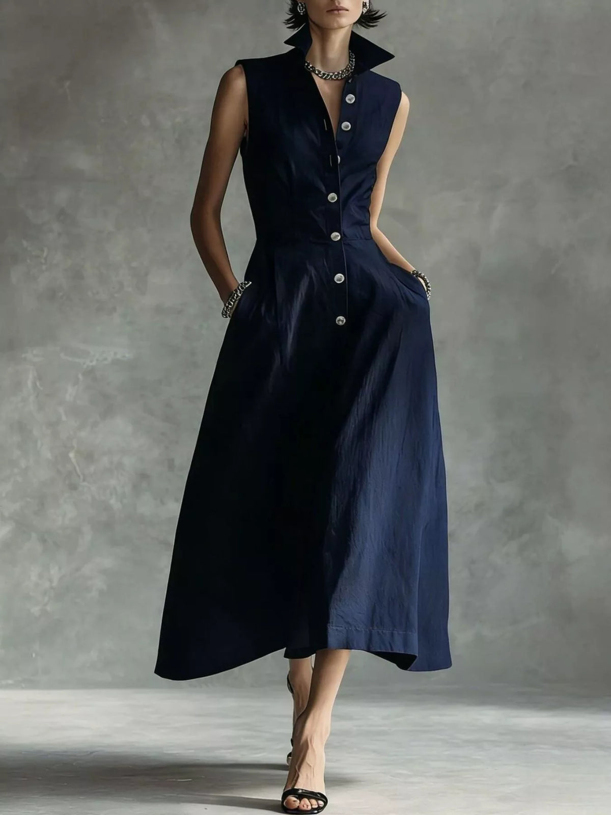 Sleeveless Button-Down Midi Shirt Dress in Dark Blue