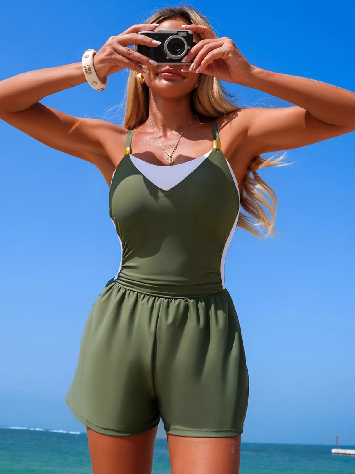 Color Block Adjustable Strap One-Piece Swimsuit - Lilixa.store