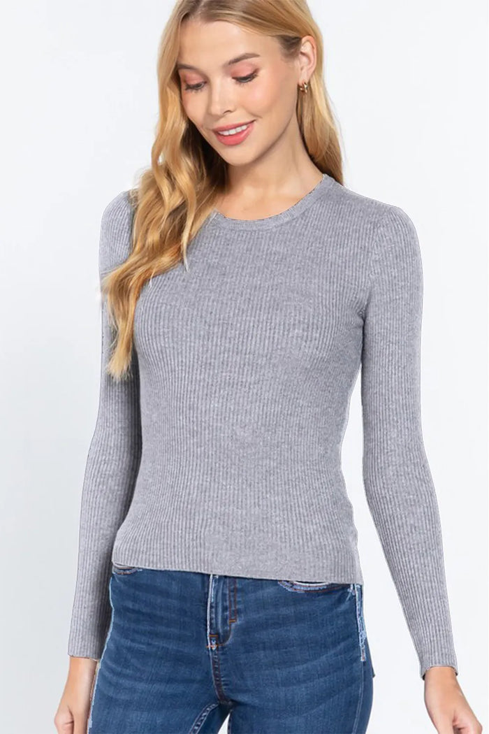 ACTIVE BASIC Full Size Ribbed Round Neck Long Sleeve Knit Top - Lilixa.store