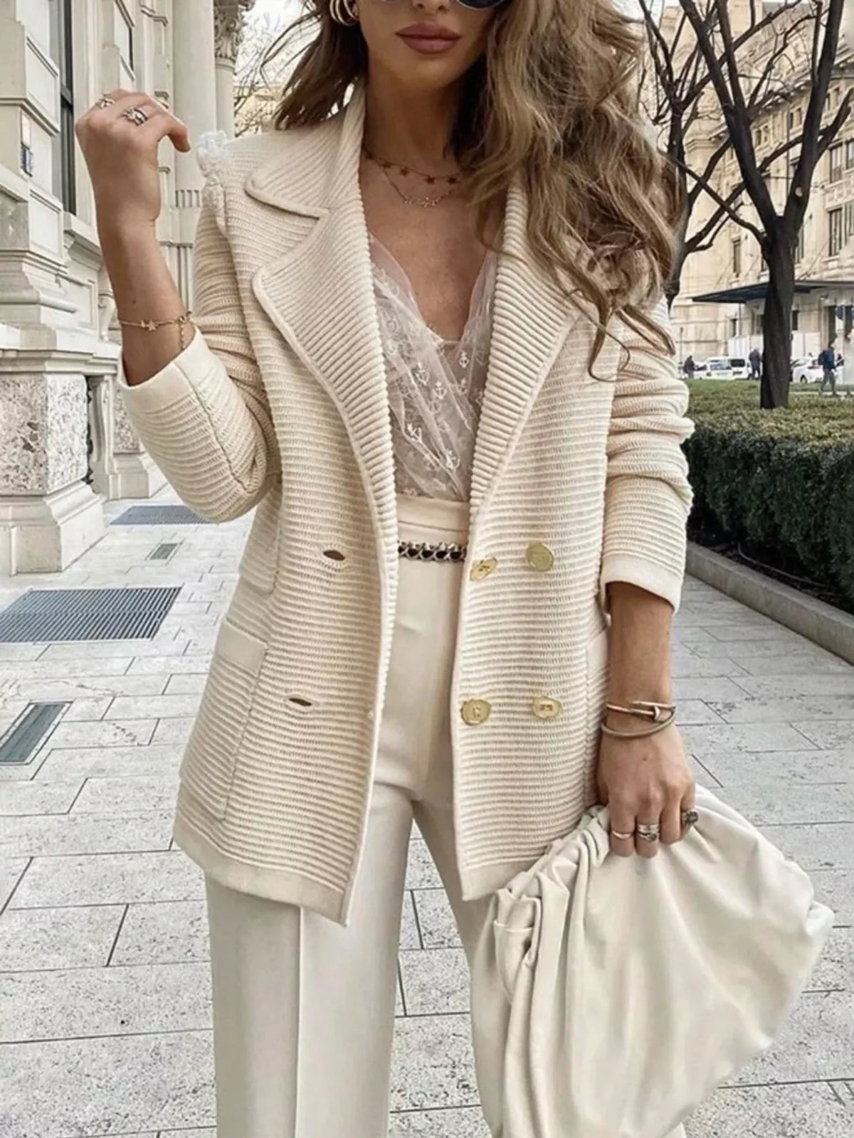 Texture Knit Double-Breasted Blazer - Lilixa.store