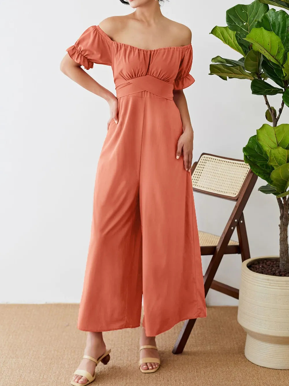 Off-Shoulder Short Sleeve Wide Leg Jumpsuit - Lilixa.store