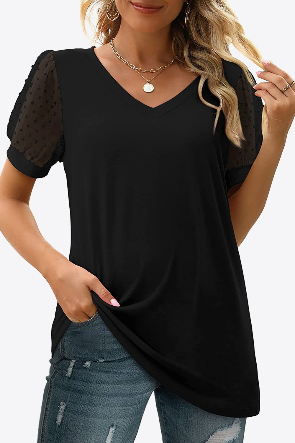 Swiss Dot Puff Sleeve V-Neck Tee - Lilixa.store