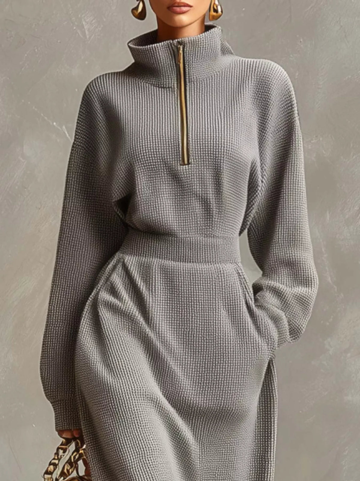 Waffle Knit Quarter-Zip Midi Dress