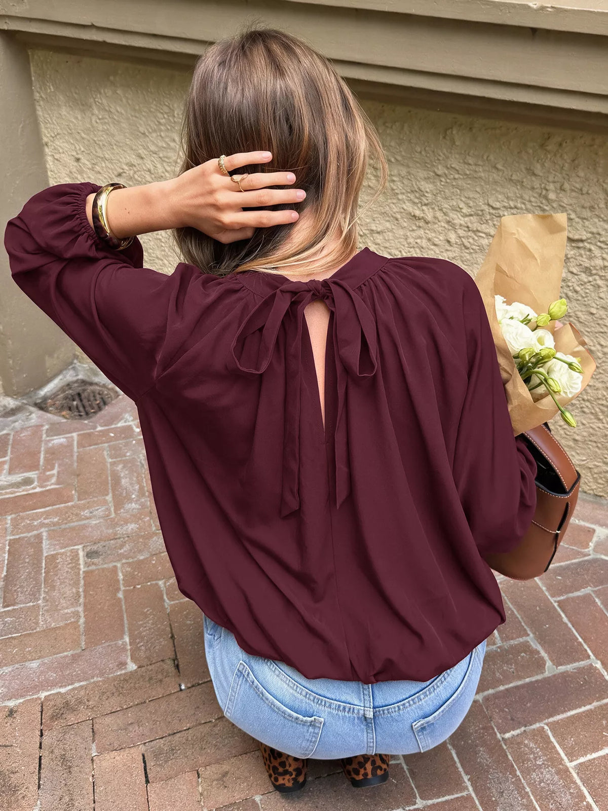 Tie Back Balloon Sleeve Blouse in Fuchsia Pink, view 6