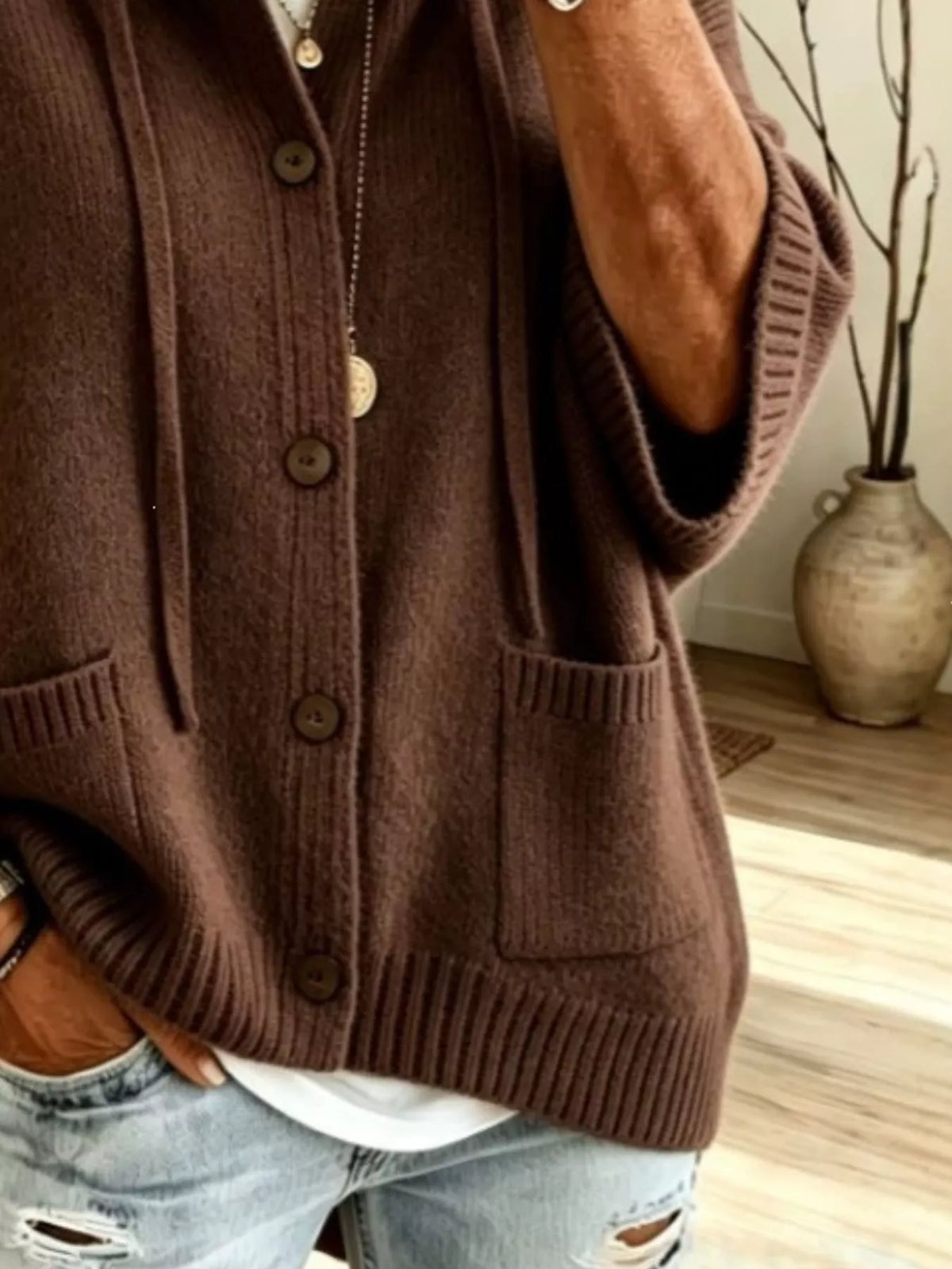 Full Size Hooded Button-Down Knit Cardigan Plus Size, view 7