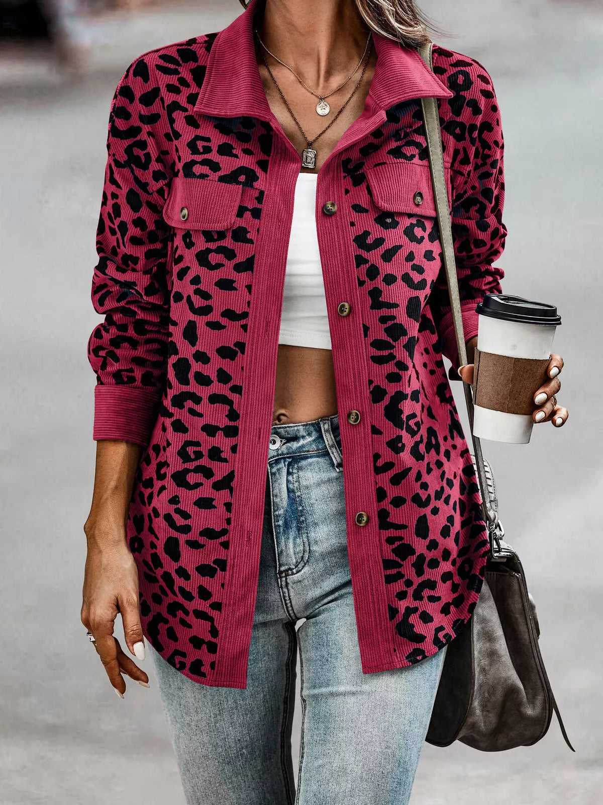 Full Size Leopard Print Button-Down Jacket Plus Size in Dark Red