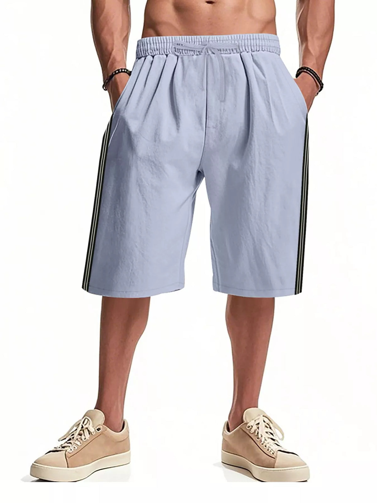 Men's Full Size Casual Striped Shorts Plus Size in Light Blue