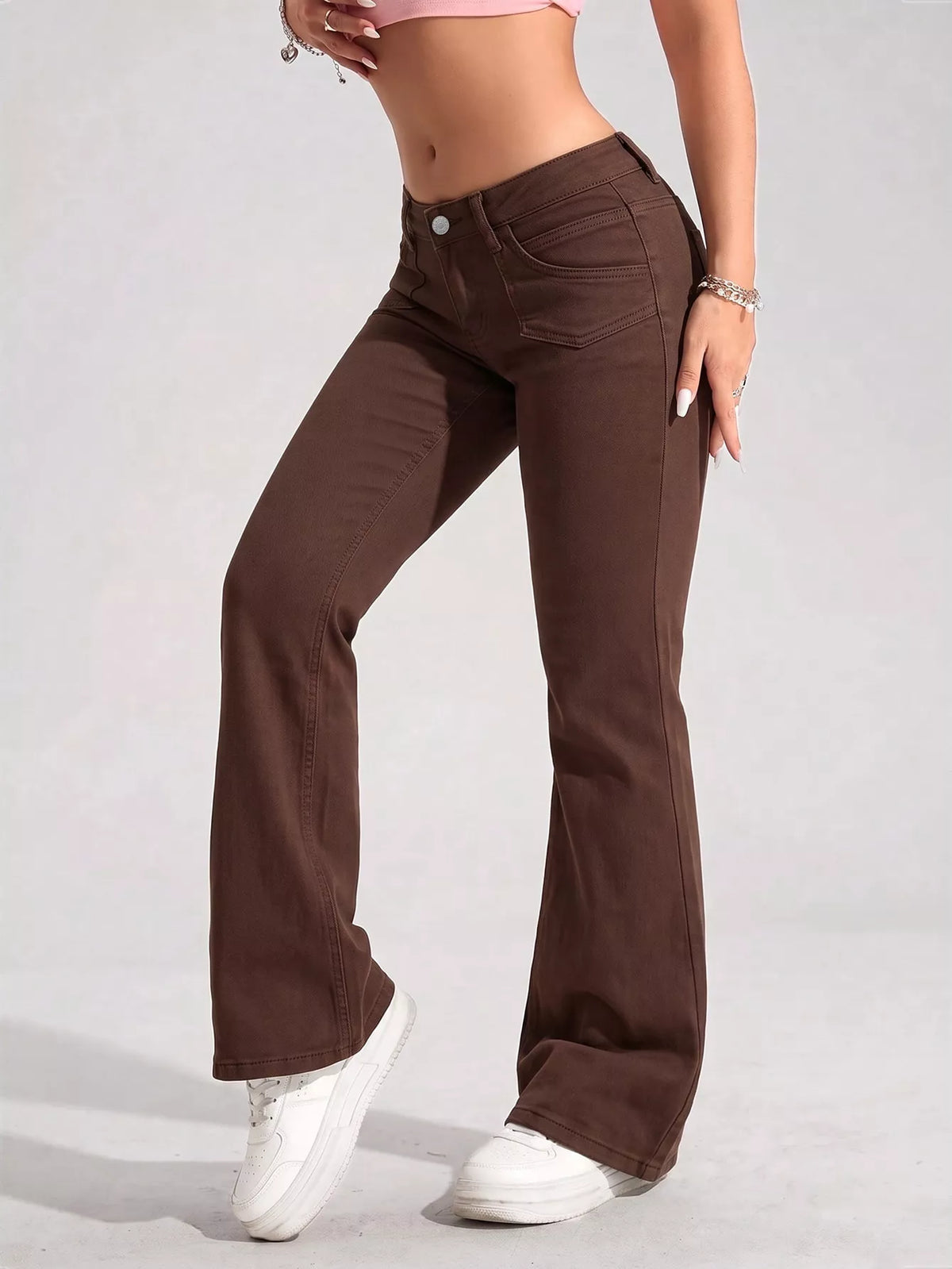 High-Waisted Flare Leg Jeans with Front Pockets in Brown, view 2