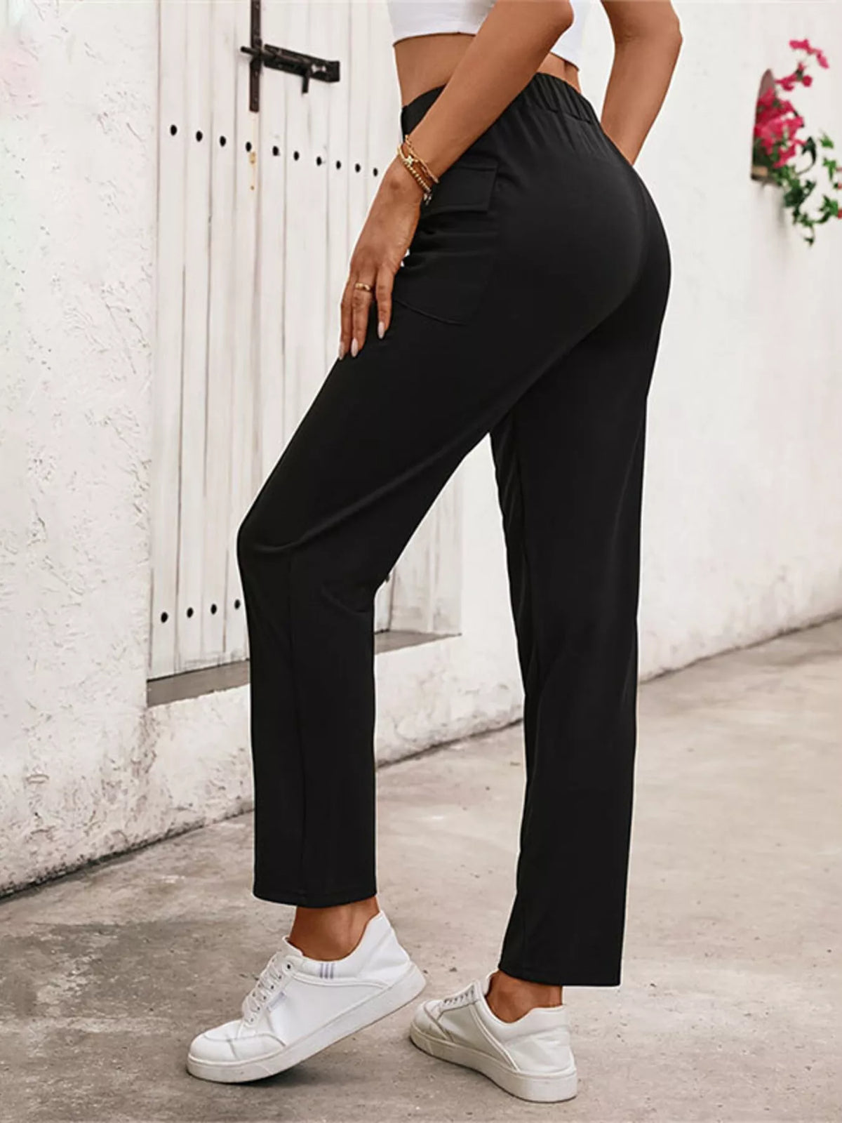 High-Waisted Slim Fit Pants in Black, view 5
